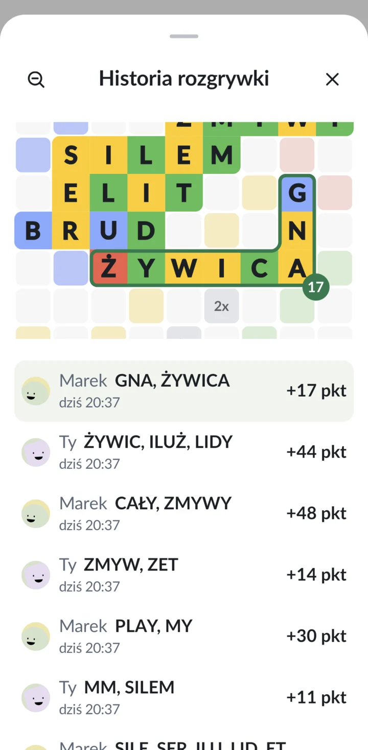 Historia rozgrywki: ruchy obu graczy z punktami i plansza po wybranym ruchu